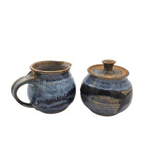 Hand Made Pottery Sugar with Lid and Creamer Set Blue Brown Rustic Clay Artisan